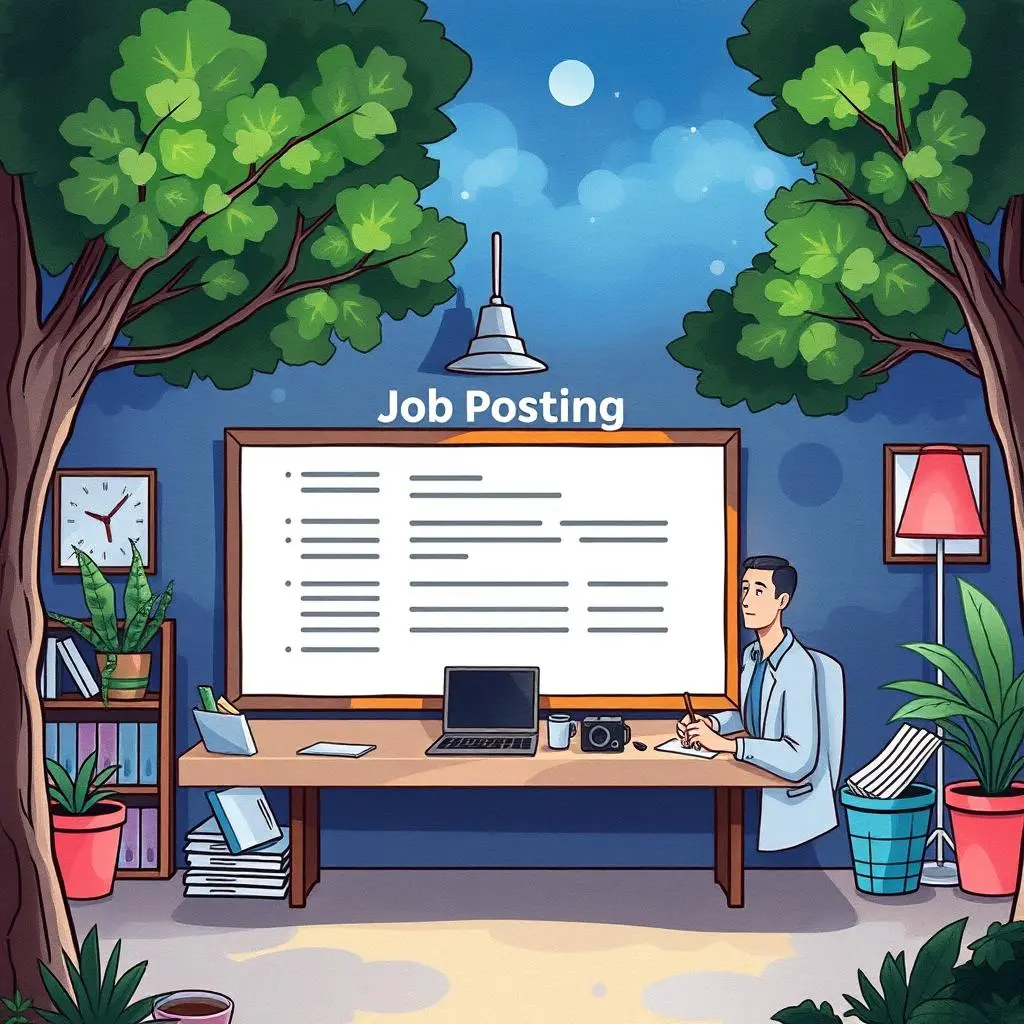 Recruitment application summary: Summarize key details from applications 1 Job Posting scene featuring a professional reviewing recruitment details in a serene workspace