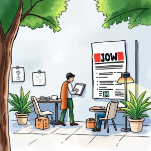 A recruitment coordinator revamping job ads in a modern office.