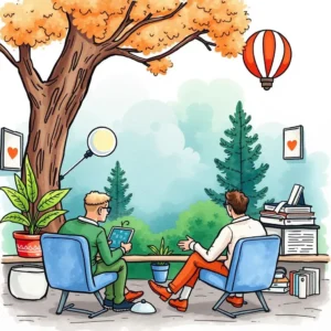 Two business professionals discussing strategies in a serene outdoor setting.