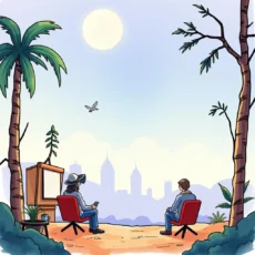 A serene illustration of two individuals seated outdoors, contemplating a city skyline under the sun.