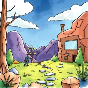 A person walking towards a modern house in a scenic landscape.