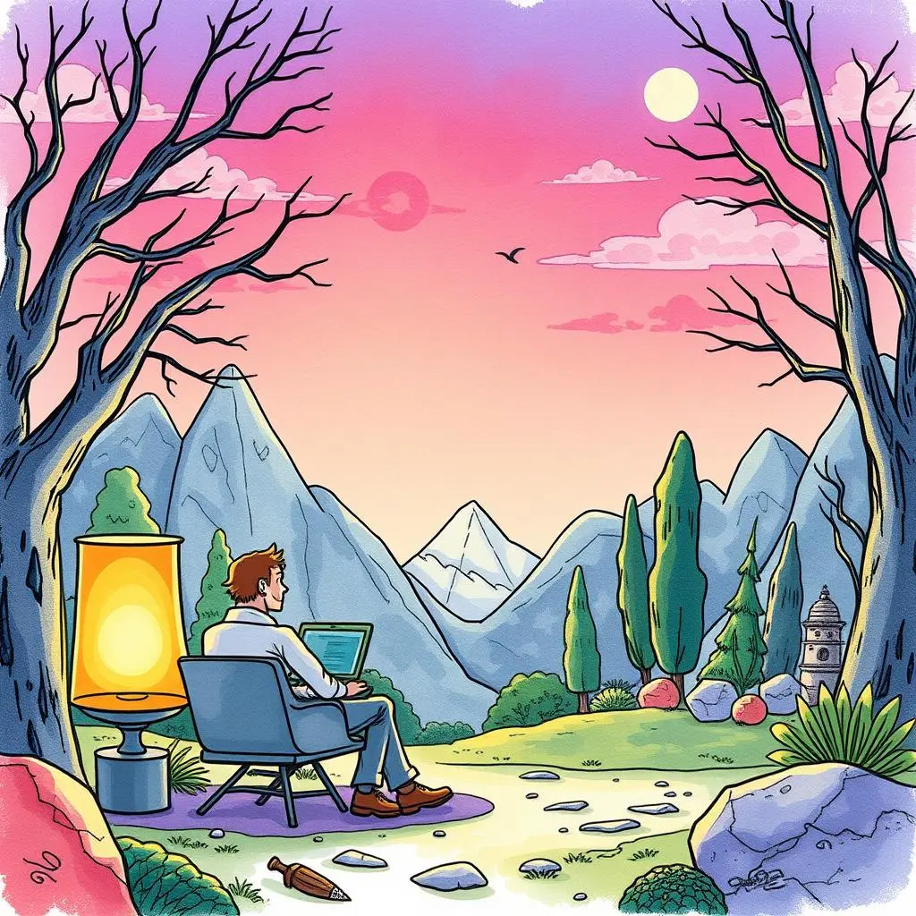 Lead interest identifier: Generate tailored questions to gauge lead interest 1 A person sitting in a tranquil outdoor setting, using a laptop with mountains in the background and a warm glow from a lamp.