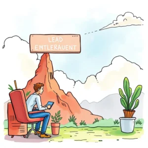 A person sitting on a chair with a tablet, contemplating lead generation strategies near a mountain.