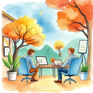 Two professionals collaborating outdoors, discussing lead follow-up strategies amidst autumn scenery.