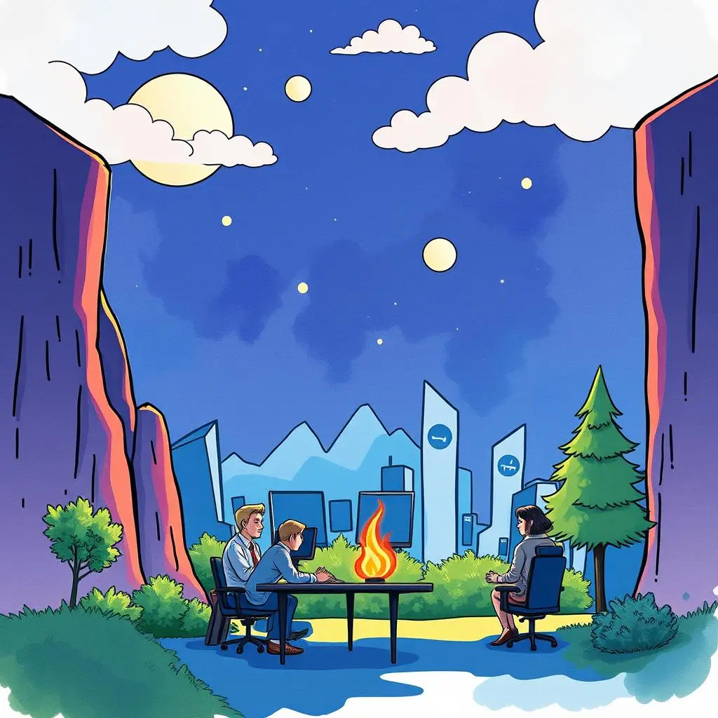 Marketing brief drafting assistant: Generate marketing briefs for sales alignment 1 Illustration of a collaborative marketing brief meeting in a serene landscape.