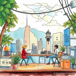 Two professionals collaborating in a modern workspace with cityscape backdrop.