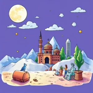 Blue bird perched on a treasure chest in a whimsical cityscape with mountains and diverse architecture.
