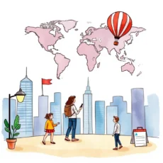 Discover potential customers with a woman and children looking at a global map in a city setting