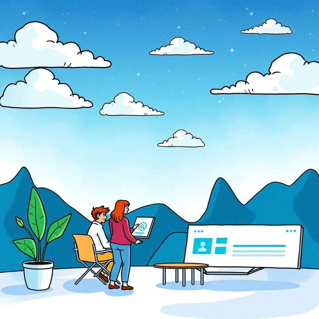 Follow-up email composer: Craft personalized follow-up emails instantly 1 A person using a laptop with another individual watching, set against a scenic outdoor backdrop.