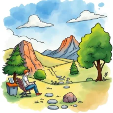 A person using a mobile device in a serene landscape with mountains and trees nearby.