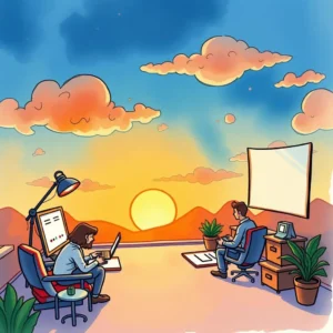 A team collaborates in a bright office with a sunset view, symbolizing effective lead management.