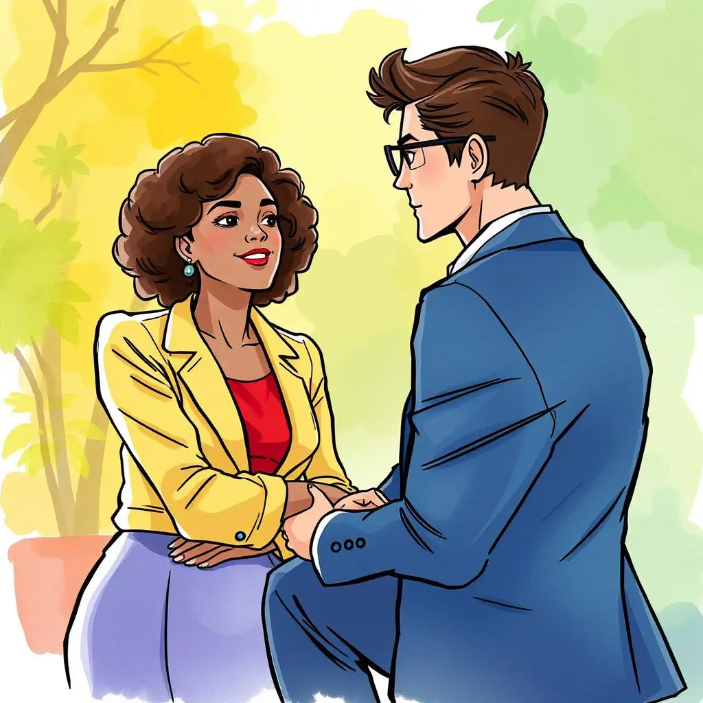 Leadership capability modeler: Generate leadership capability profiles based on assessments 1 A professional woman in a yellow blazer engages in a conversation with a man in a suit.