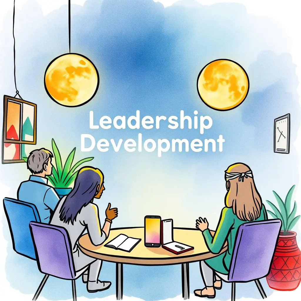 Leadership reflection prompter: Generate reflective prompts for leadership self-assessment 1 Leadership development meeting with participants, illustrating collaboration and reflection tools