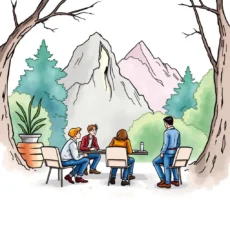 A group of four professionals engaged in a leadership skill assessment discussion outdoors.