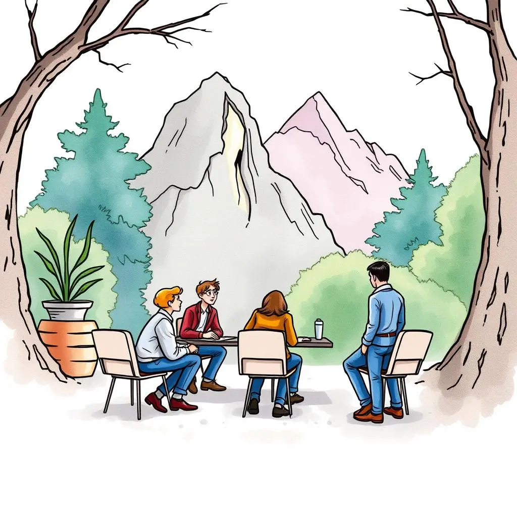 Leadership skill assessment: Generate personalized skill evaluation reports 1 A group of four professionals engaged in a leadership skill assessment discussion outdoors.