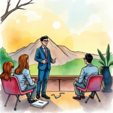 A leadership trainer engages with an attentive audience outdoors.
