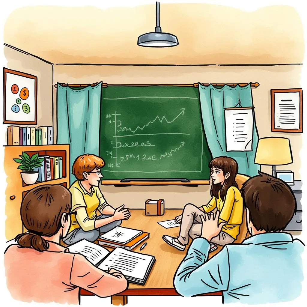 Analysis facilitator: Assist in interpreting feedback for learning analysis 1 A group of professionals discusses feedback analysis in a classroom setting with charts on the board