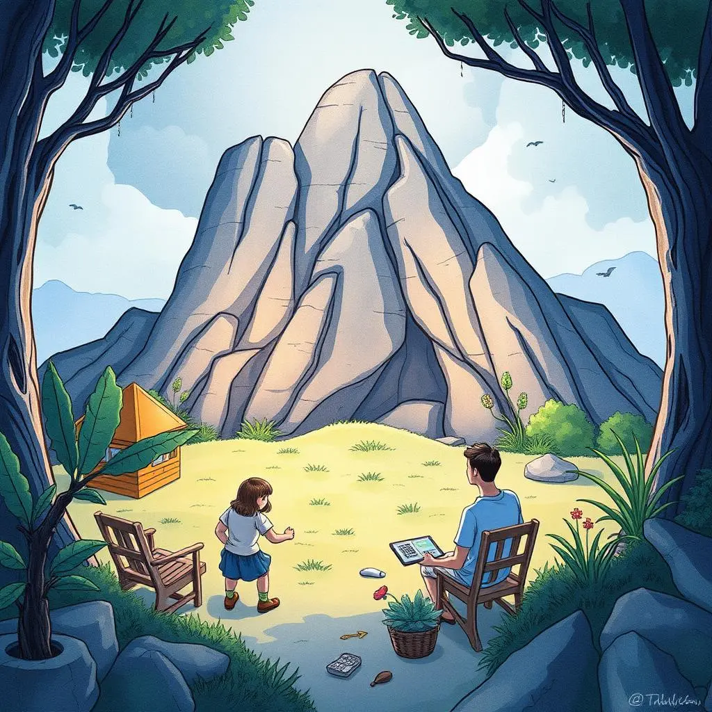 A person and a child explore a serene learning environment outdoors.