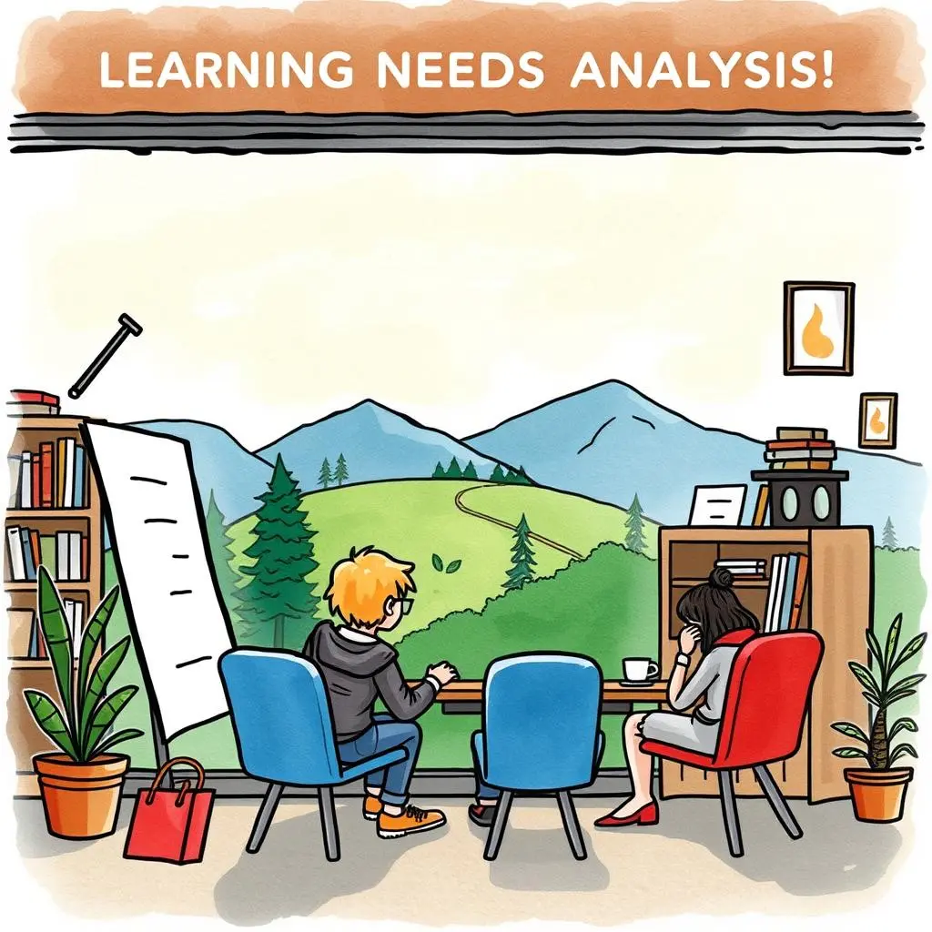 Needs identifier: Identify learning needs from qualitative feedback 1 Two professionals discussing learning needs in a scenic office setting.