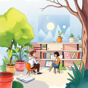 A collaborative discussion in a bright learning space featuring plants and bookshelves.