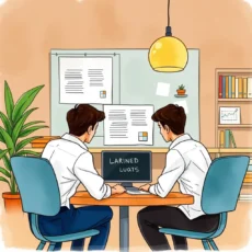 Two professionals analyzing data on a laptop in a training assessment setting.