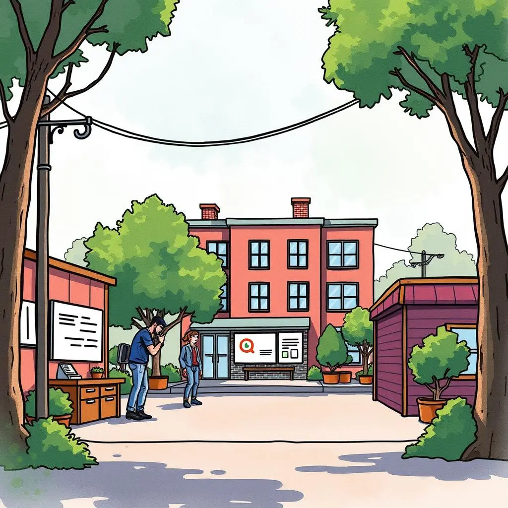 Lease obligation tracker: Track and report on lease obligations adherence 1 A quiet outdoor scene of two individuals near a building, showcasing an engaging workspace for lease management.