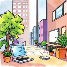 A serene workspace featuring a computer, plants, and a book in an urban setting.