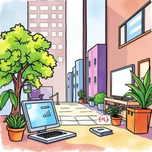 Lease text processor: Transform and organize lease data efficiently 10 A serene workspace featuring a computer, plants, and a book in an urban setting.