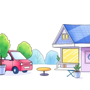 A colorful cartoon illustration of a house and a red car in a sunny outdoor setting.