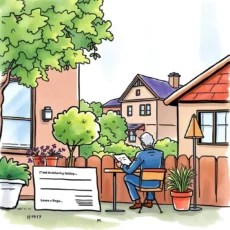 A person sitting at a table holds a document outside a residential setting with plants around.