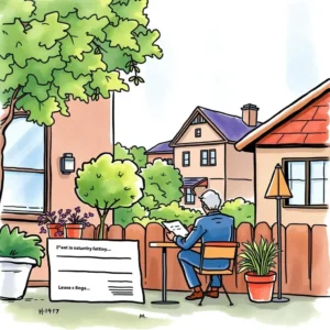 A person sitting at a table holds a document outside a residential setting with plants around.