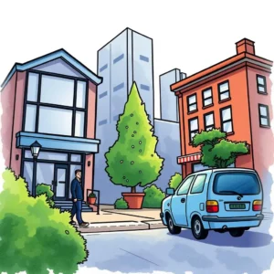 A modern neighborhood scene featuring a man walking near buildings and a parked blue car.