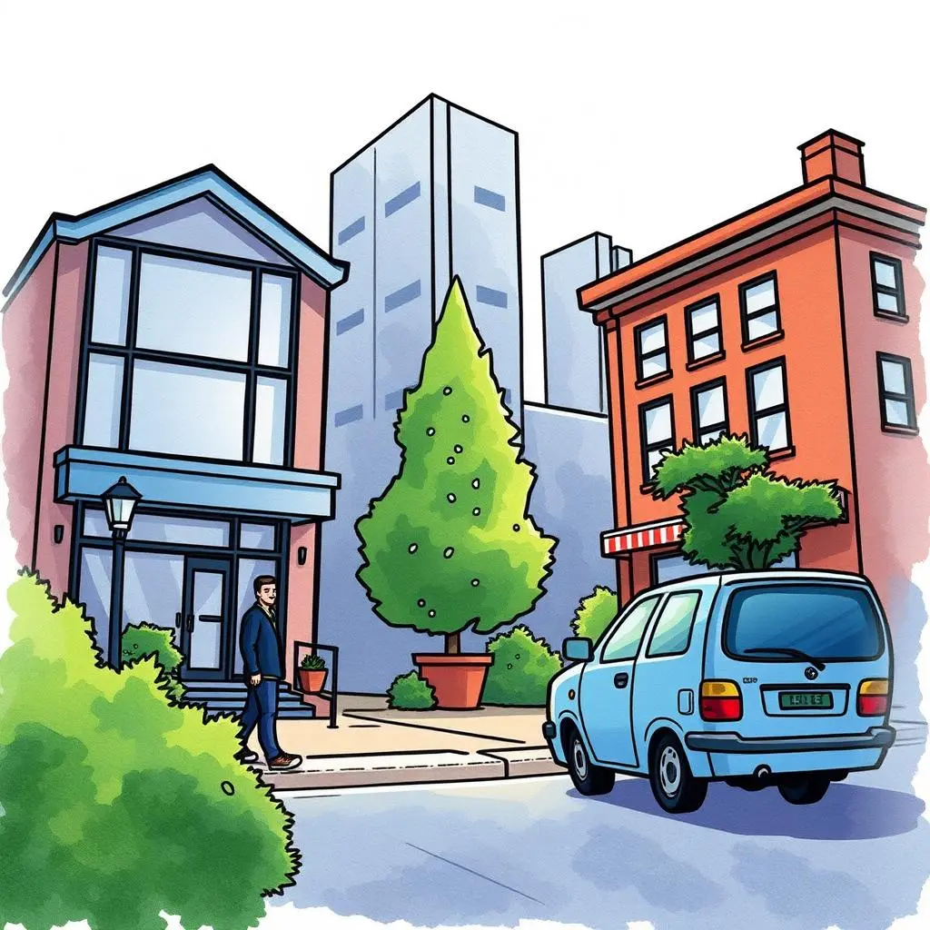 A modern neighborhood scene featuring a man walking near buildings and a parked blue car.