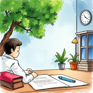 A focused individual sits at a desk, reviewing lease obligations documents amidst a serene workspace.
