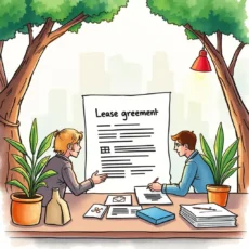 Lease sign-off discussion under trees, focusing on a large lease agreement document.