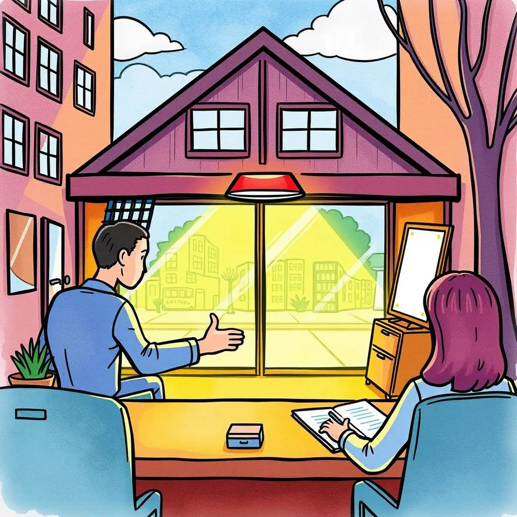 Lease signature distributor: Streamlined process for lease signing 1 A professional discussing lease signing in front of a window with a colorful city view.