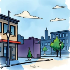 A vibrant urban scene depicting buildings, a street lamp, and decorative trees, representing a lease renewal setting.