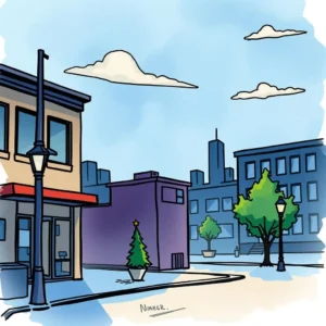 A vibrant urban scene depicting buildings, a street lamp, and decorative trees, representing a lease renewal setting.