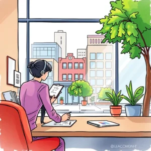Renewal contract writer: Formulate lease renewal documents accurately 3 A professional woman reviews lease documents at her desk with city view and plants in an office setting.