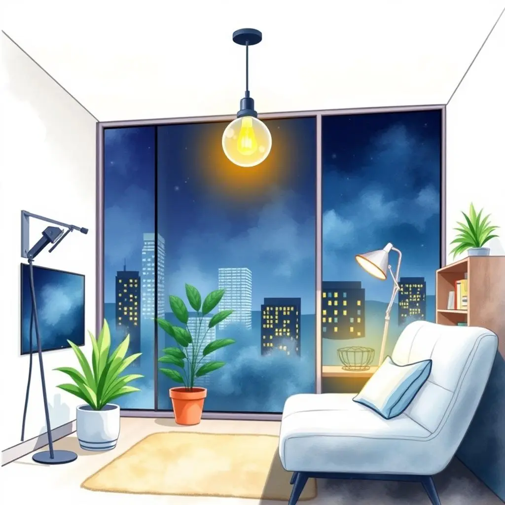 Smart lighting r&d assistant: Develop concepts for smart lighting systems 1 A cozy room at night showcasing a smart lighting system with indoor plants and city views.