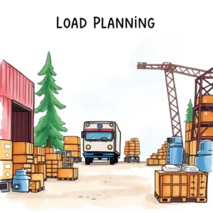 Load Planning scene with a delivery truck and storage boxes in a warehouse environment