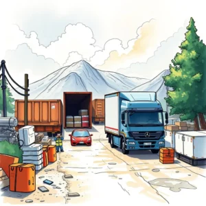 Logistics operations scene featuring trucks, cargo containers, and a planning specialist assessing risk