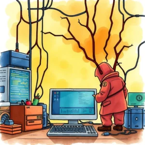 A cybersecurity analyst monitors log data from a computer in a high-tech environment.