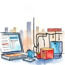 A colorful illustration of a desktop setup for log analysis, showcasing tools and a city backdrop.