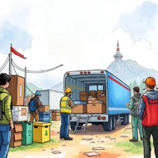 Men organizing boxes at a truck for event logistics management in a scenic outdoor setting.