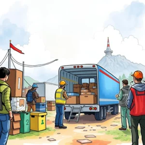 Emergency contact list maker: Ensure safety with organized contacts 10 Men organizing boxes at a truck for event logistics management in a scenic outdoor setting.