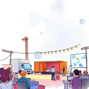 Event logistics setup with people engaging and analyzing data at an event site.