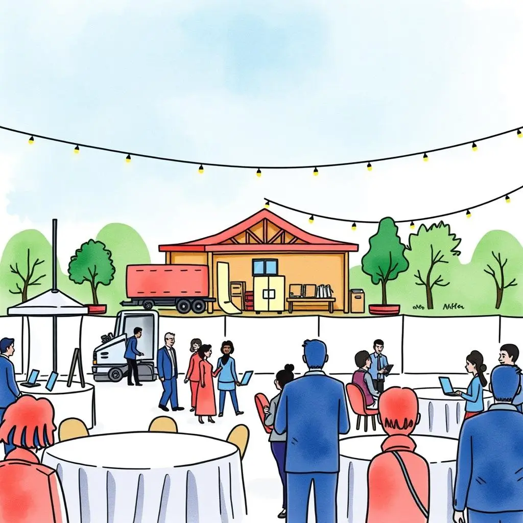 Feedback form generator: Collect post-event rental feedback effortlessly 1 Interactive outdoor event setup with participants using laptops and a logistics vehicle nearby.