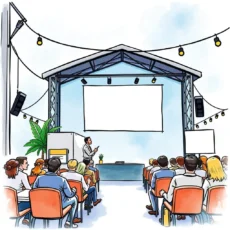 A speaker presenting to an audience in a vibrant event space.