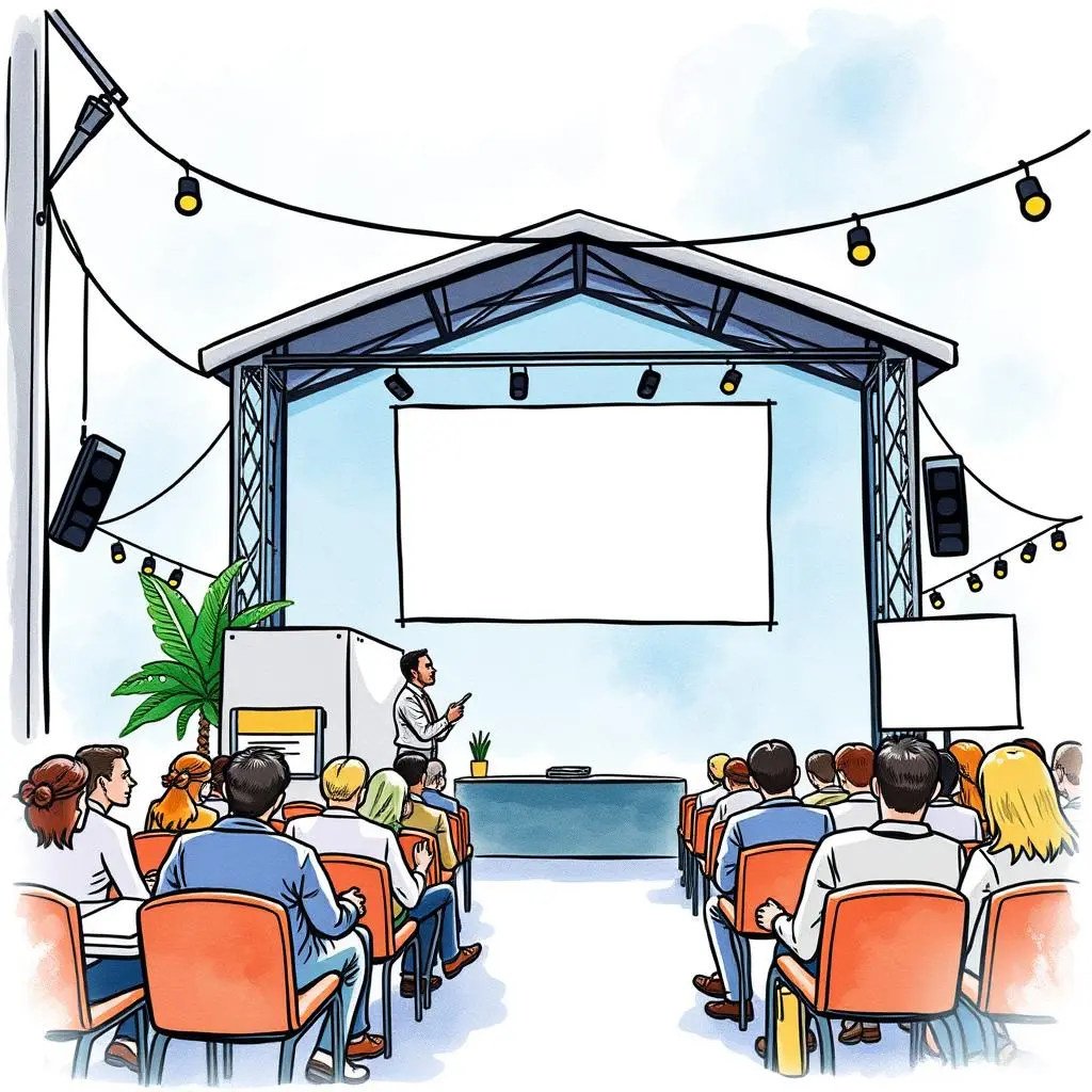 Feedback request generator: Create feedback request messages for attendees 1 A speaker presenting to an audience in a vibrant event space.